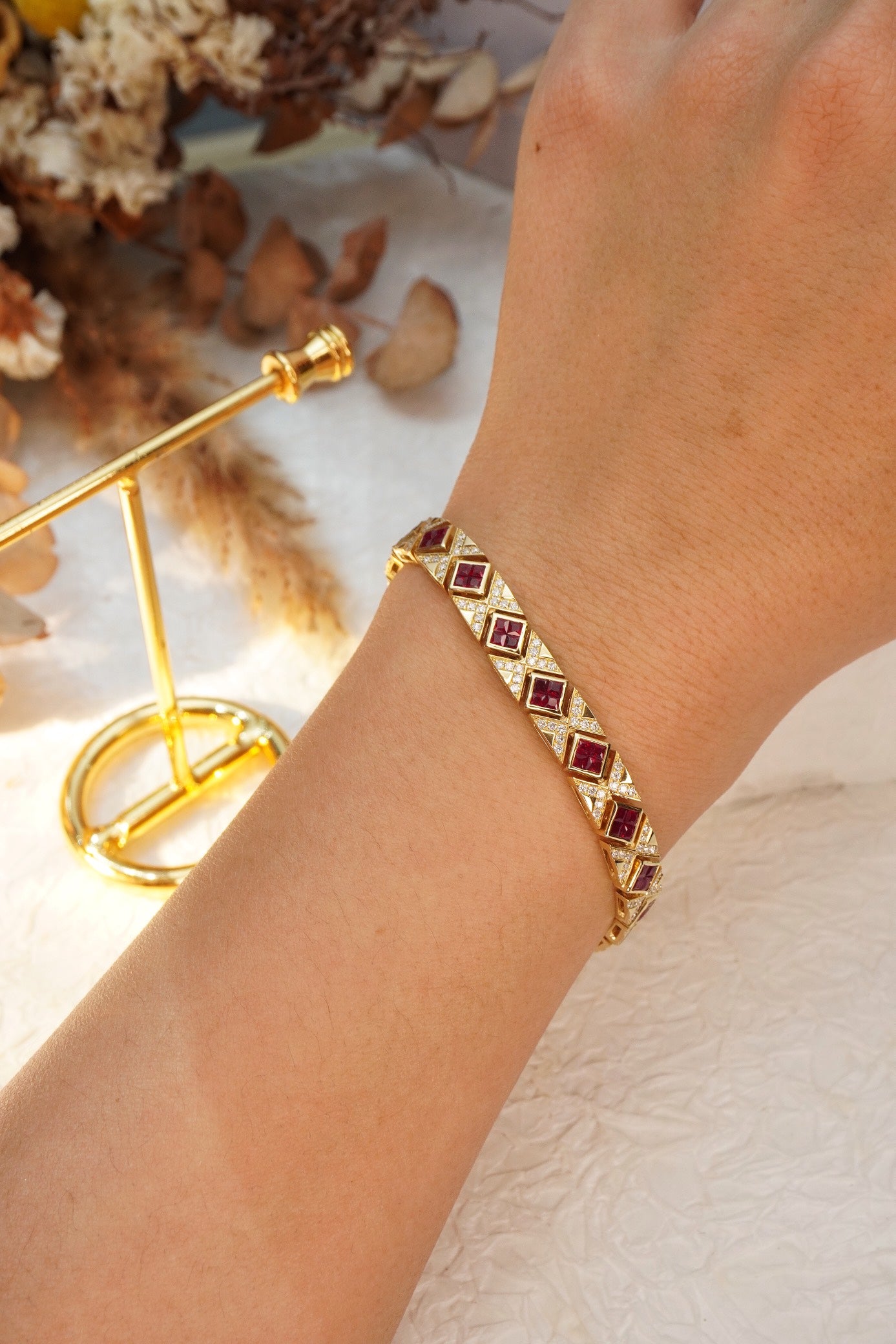 Luxury Natural Ruby Bracelet with Diamonds, Unique Art Deco Design, 18K Natural Diamond Bracelet