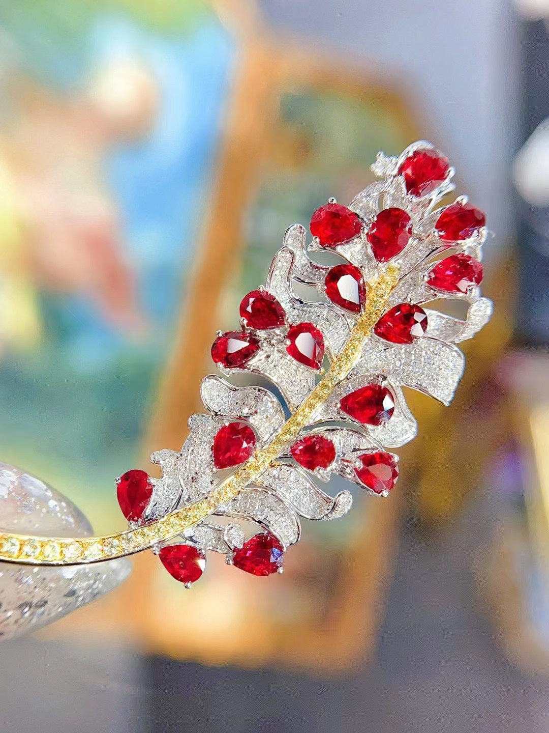 Luxury Natural Unheated Ruby Brooch and Pendant with Diamonds, Unique Design, Bridal Necklace
