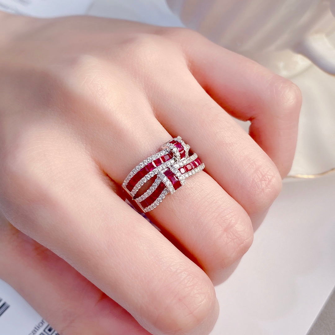 Natural Ruby Statement Ring with Diamonds, Unique Bow Tie Design, Bridal Wedding, Anniversary Ring, Gift for Her