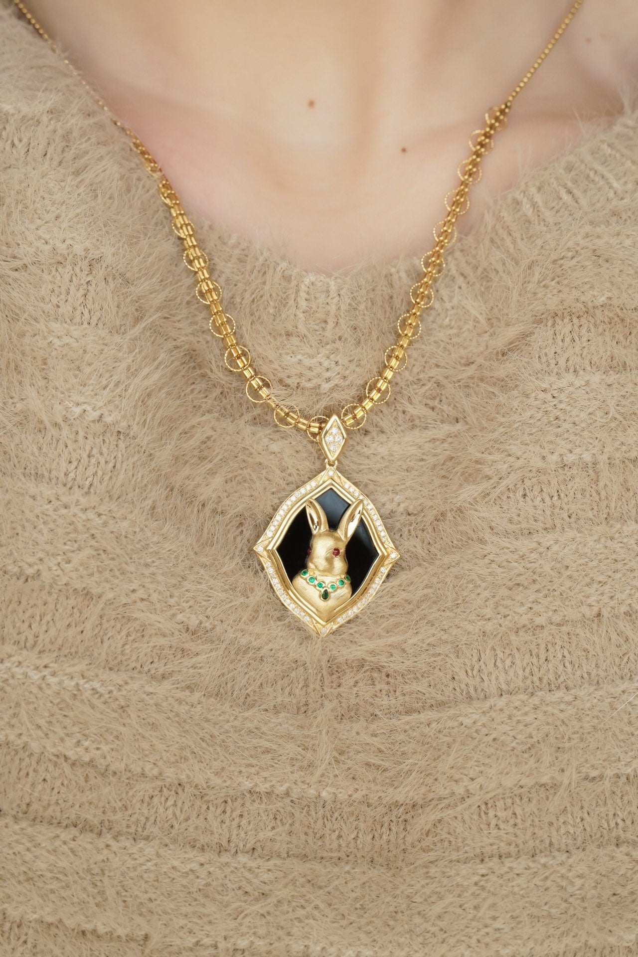 18K Natural Ruby Pendant, 18K Natural Emerald Pendant,  Unique Rabiit Design, Gift for her