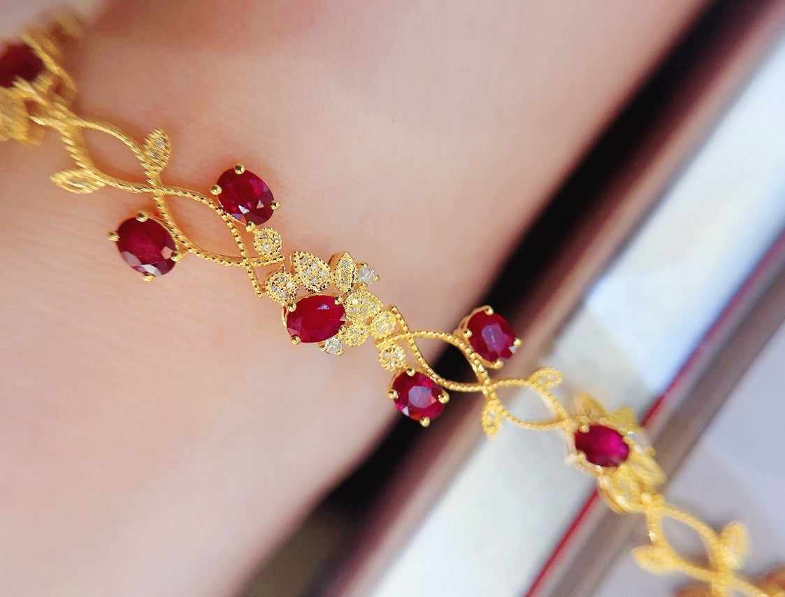 Luxury Natural Ruby Bracelet with Diamonds, Classic Floral Design, 18K Natural Diamond Bracelet, Wedding Bracelet, Anniversary Bracelet, Gift for you