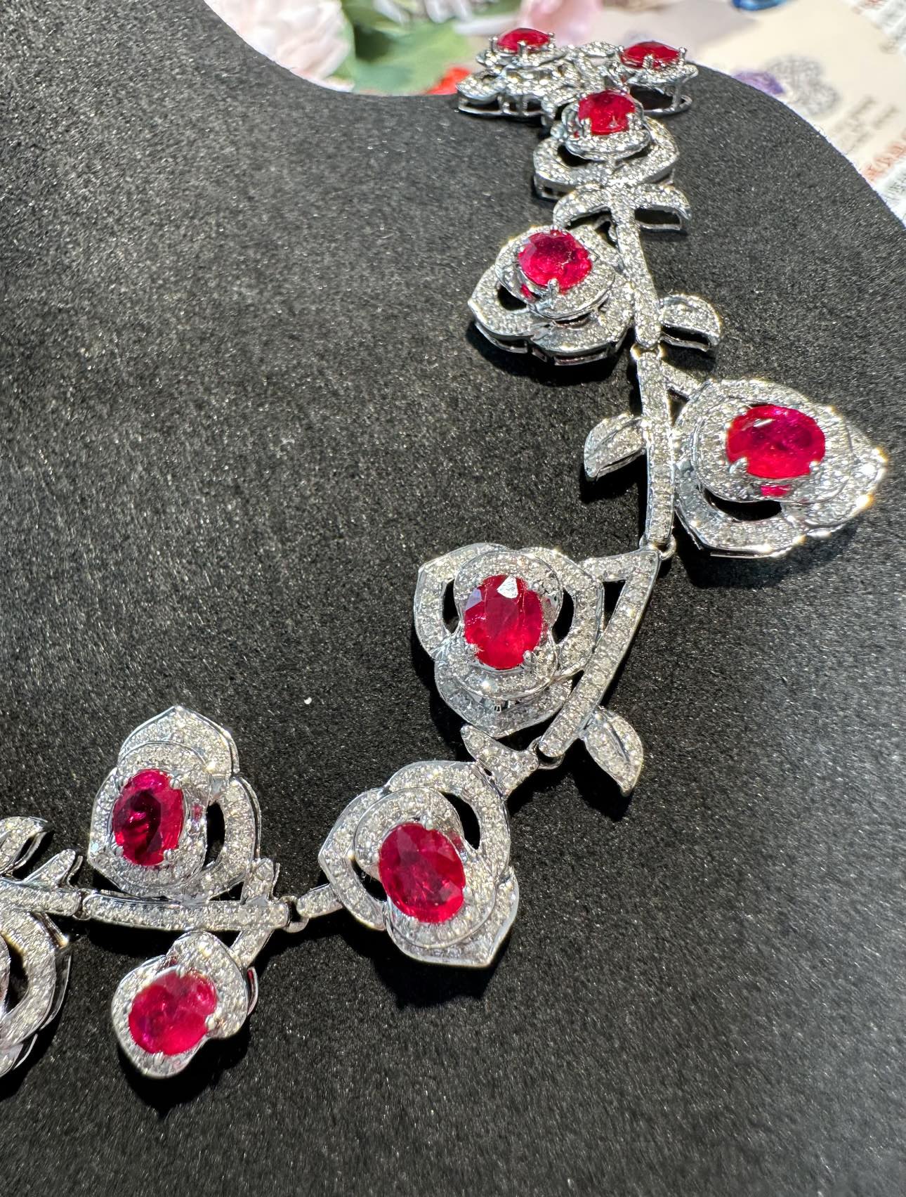 Luxury Natural Ruby Necklace with Diamonds, Unique Floral Design, Bridal Necklace, Anniversary Necklace, Gift for Her