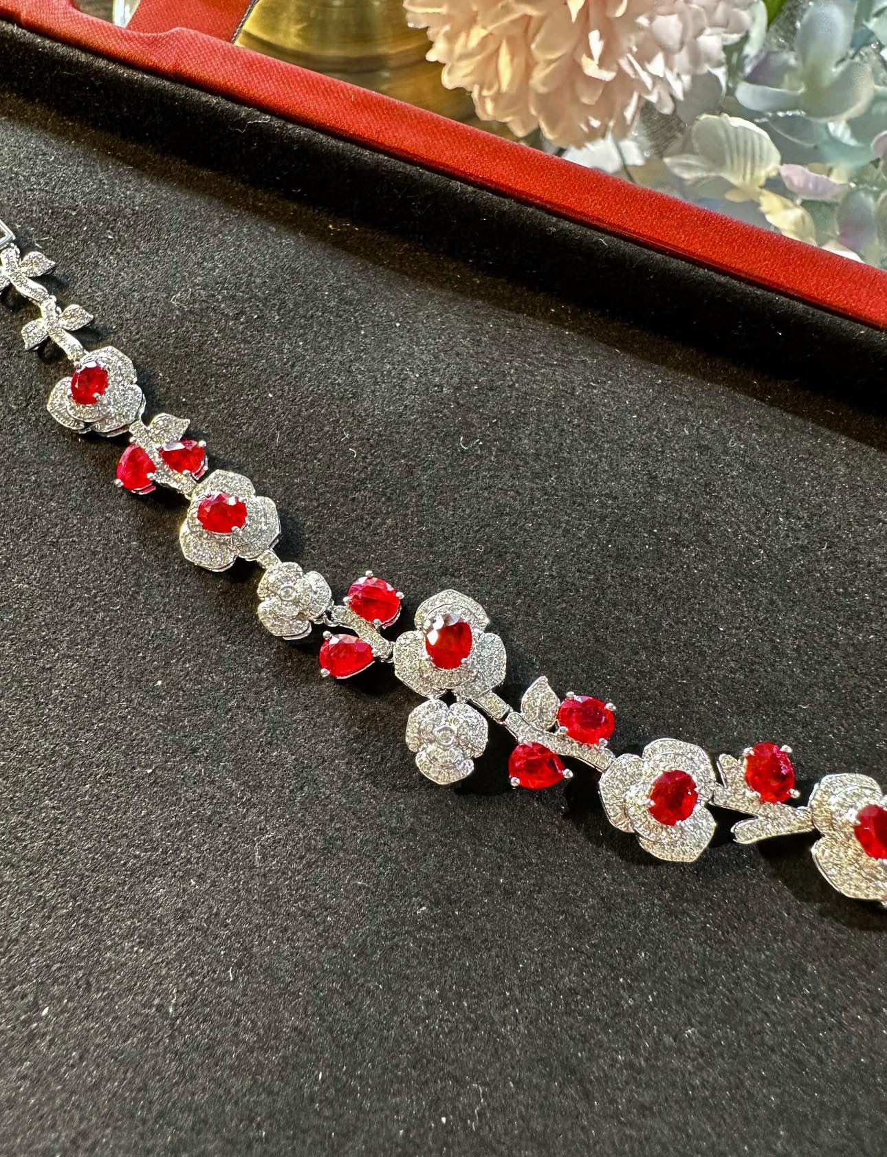 Luxury Natural Ruby Bracelet with Diamonds, Unique Floral Design, 18K Natural Diamond Bracelet, Wedding Bracelet, Anniversary Bracelet, Gift for you