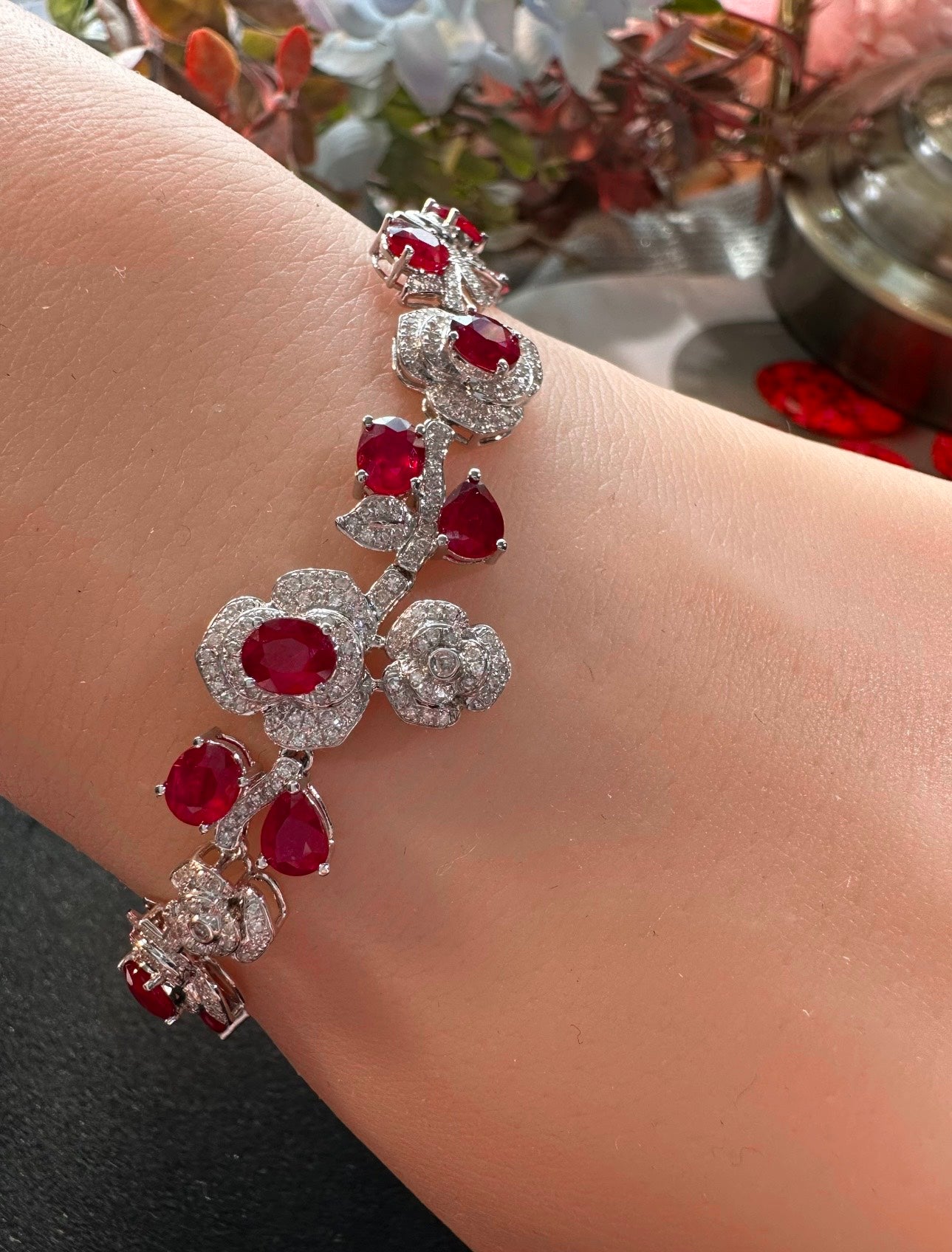 Luxury Natural Ruby Bracelet with Diamonds, Unique Floral Design, 18K Natural Diamond Bracelet, Wedding Bracelet, Anniversary Bracelet, Gift for you