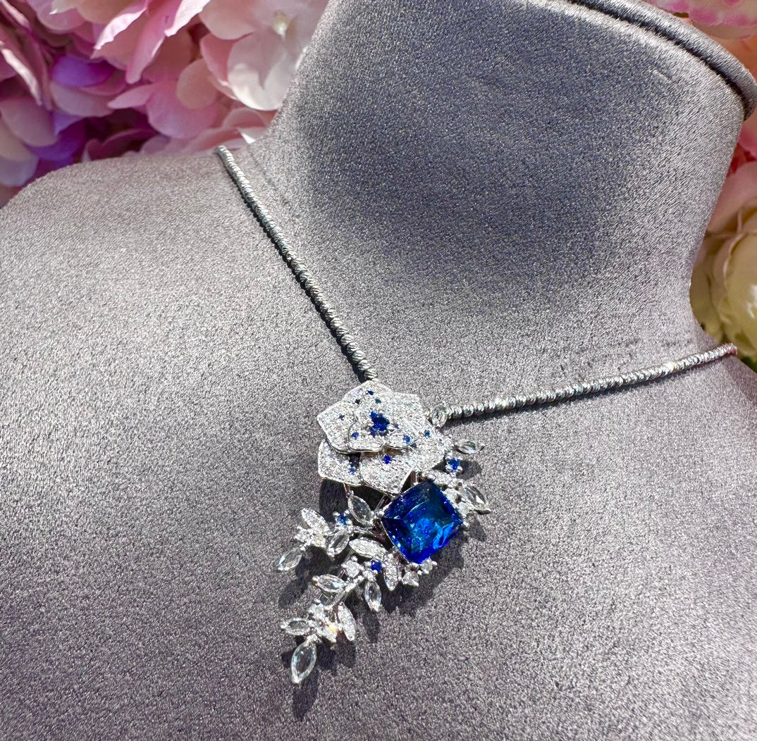 Luxury Natural Sapphire Pendant, Unique Floral Design, Bridal Necklace, Anniversary Necklace, Gift for Her