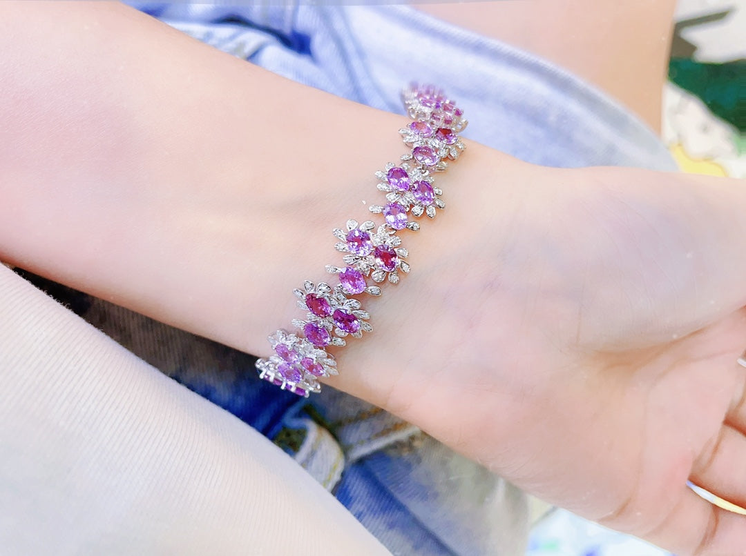Luxury Natural Purple Sapphire Bracelet and Necklace, Classic Floral Design, 18K Natural Diamond Bracelet, Wedding Bracelet, Anniversary Bracelet, Gift for you
