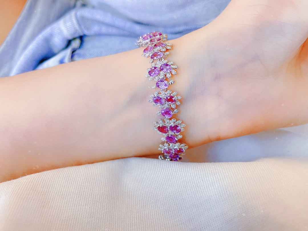 Luxury Natural Purple Sapphire Bracelet and Necklace, Classic Floral Design, 18K Natural Diamond Bracelet, Wedding Bracelet, Anniversary Bracelet, Gift for you
