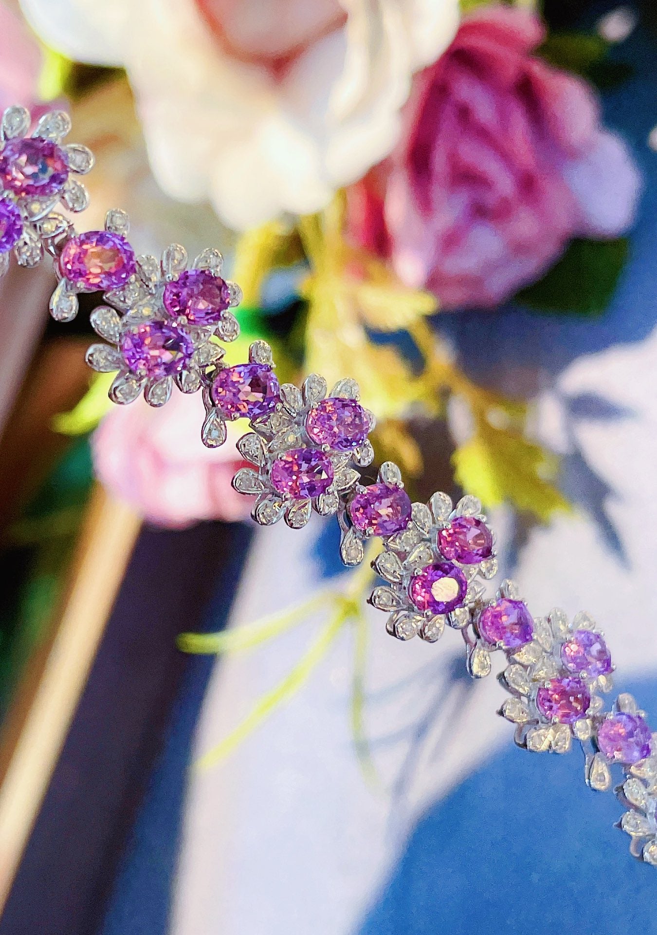 Luxury Natural Purple Sapphire Bracelet and Necklace, Classic Floral Design, 18K Natural Diamond Bracelet, Wedding Bracelet, Anniversary Bracelet, Gift for you