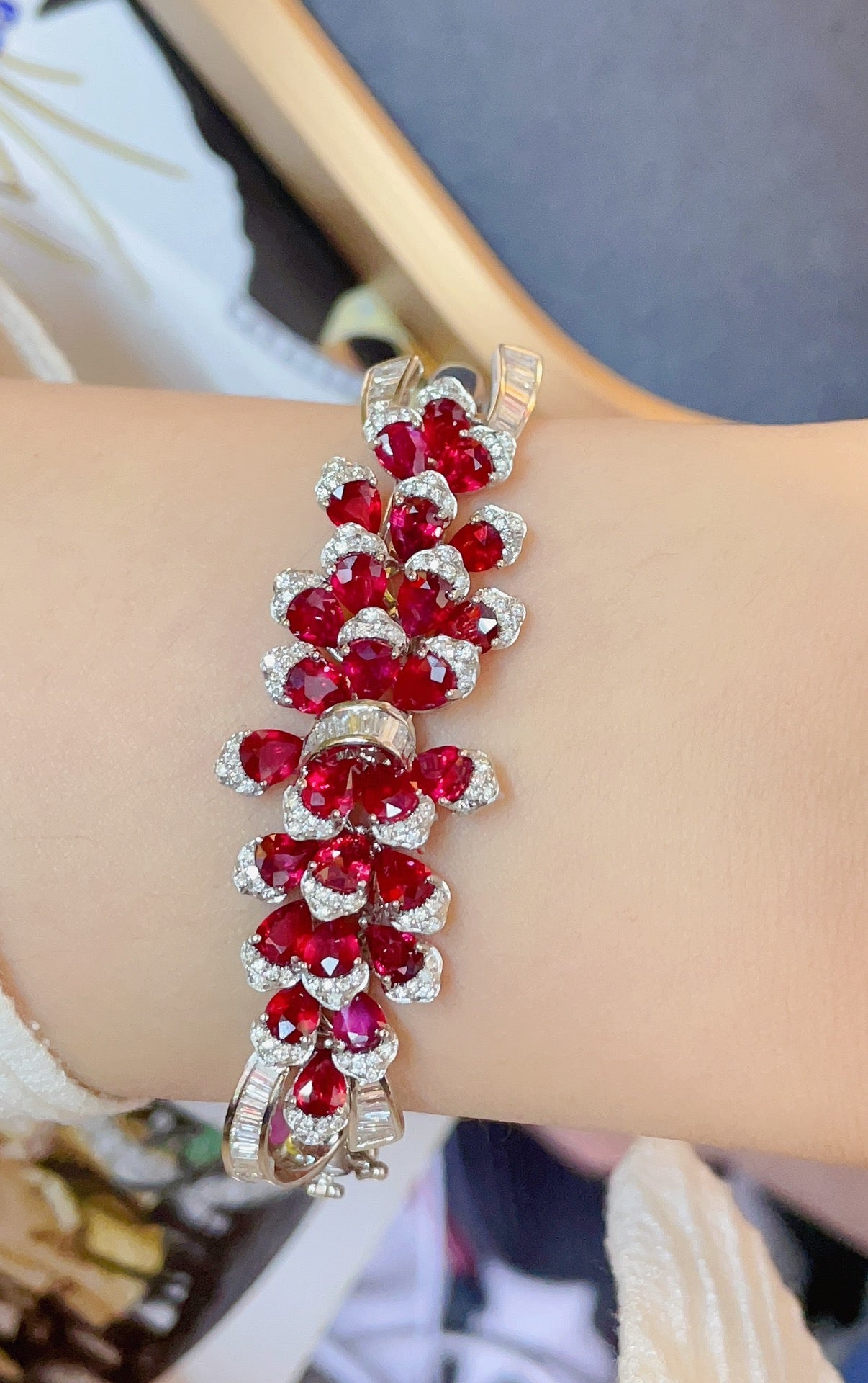 Luxurt Natural Unheated Ruby Bangle with Diamonds, Unique Floral Design, 18K Natural Diamond Bangle