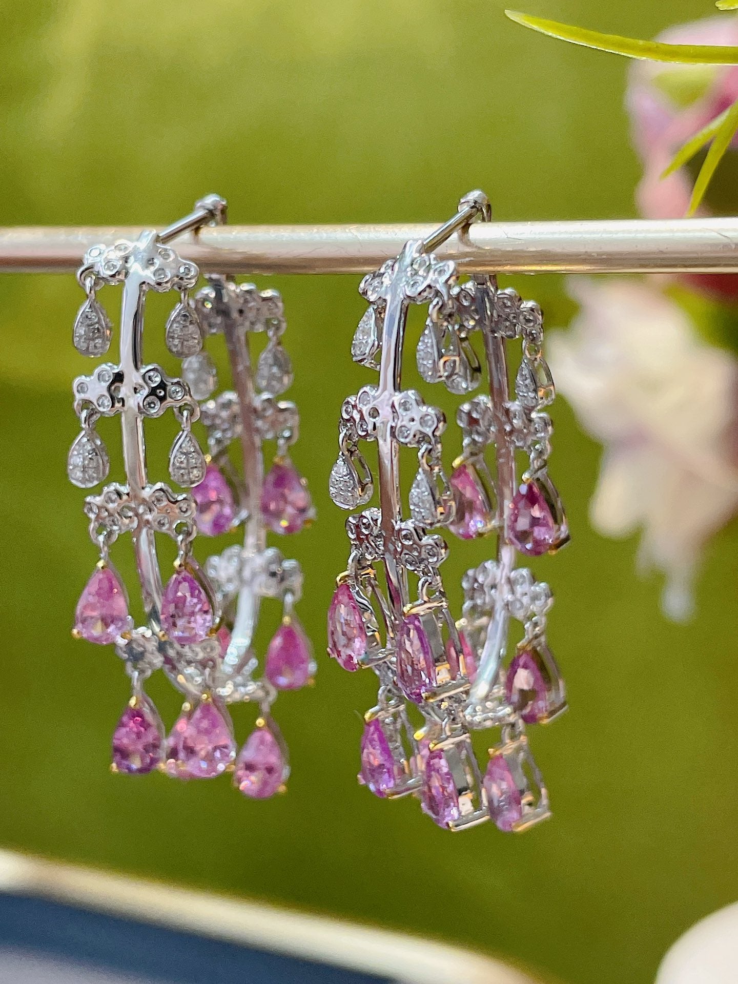 Luxury Natural Pink Sapphire Drop Earring, Unique Design, 18K Diamond Stud Earring, Bridal Earring, Anniversary Earring, Gift for Her