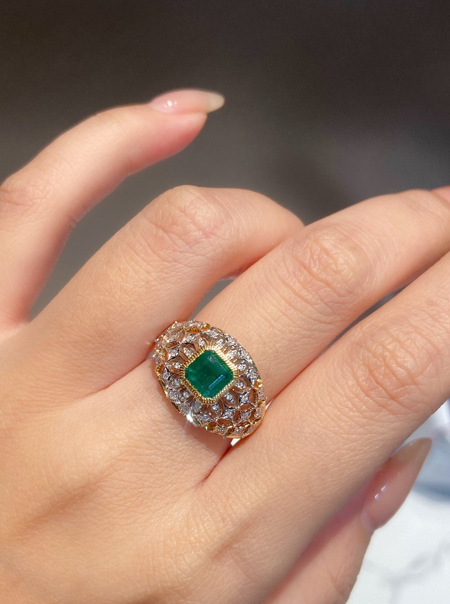 Natural Emerald Statement Ring with Diamonds, Unique Design, Bridal Ring, Anniversary Ring, Gift for Her