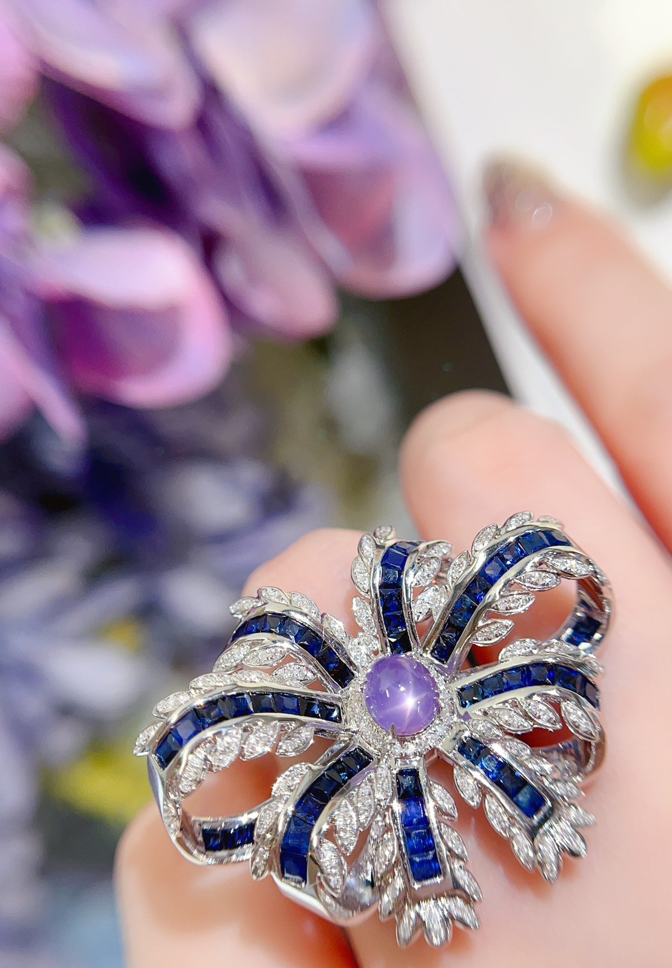 Luxury Natural Purple Star Sapphire Statement Ring with Diamonds, Unique Design, Bridal Ring, Anniversary Ring, Gift for Her