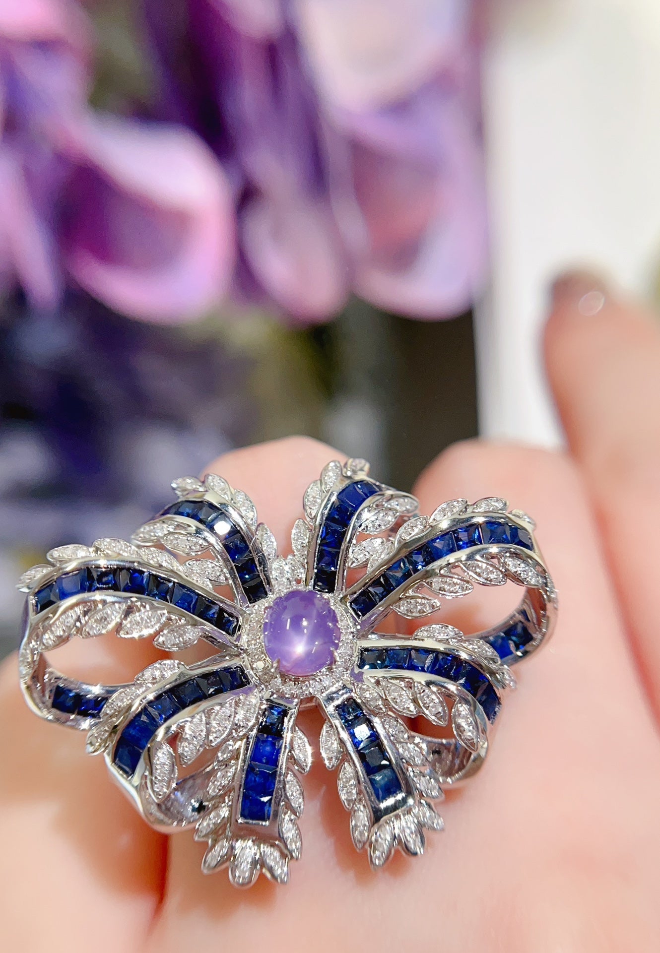 Luxury Natural Purple Star Sapphire Statement Ring with Diamonds, Unique Design, Bridal Ring, Anniversary Ring, Gift for Her