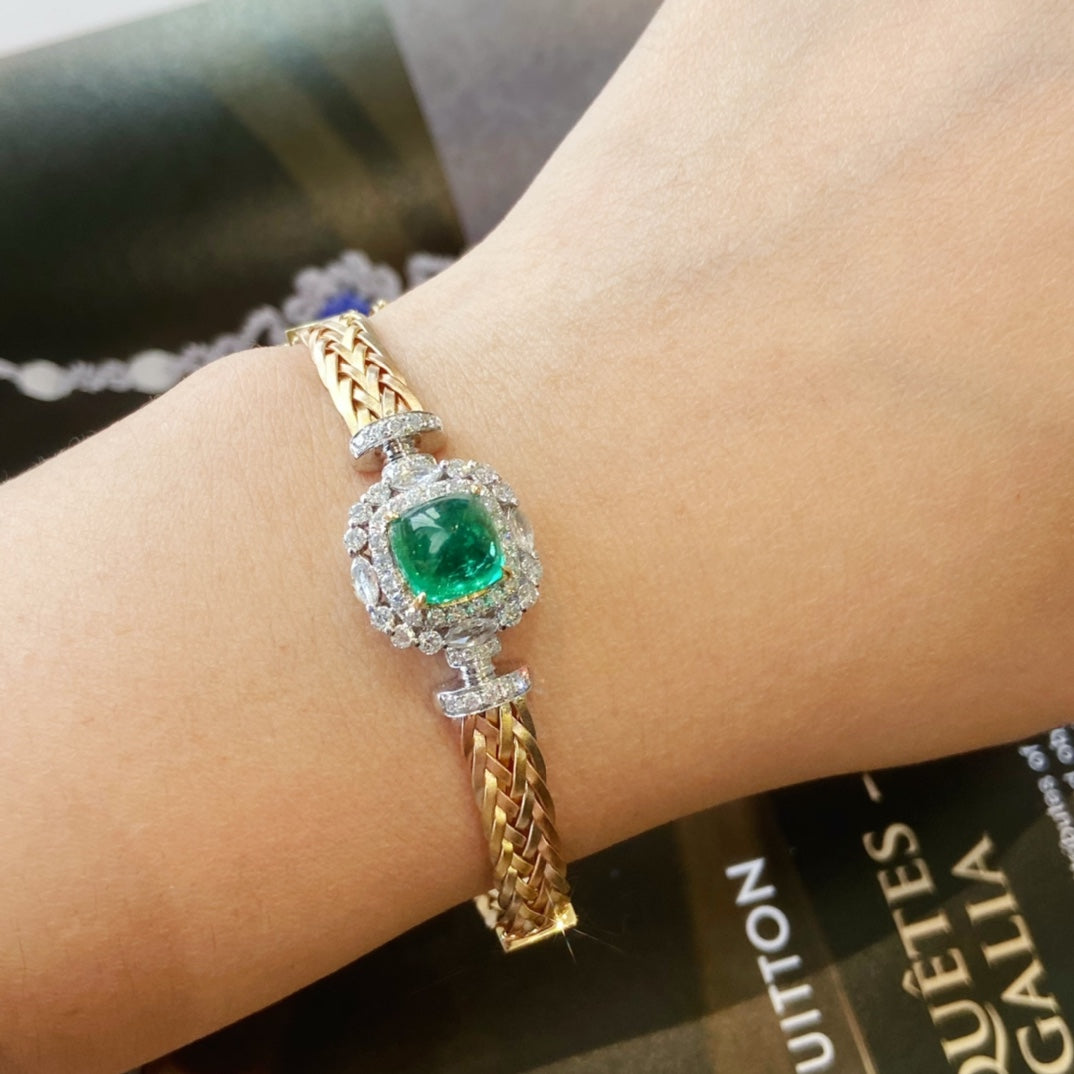 Luxur Natural Emerald Bangle with Diamonds, Classic Design, 18K Natural Diamond Bracelet, Wedding Bracelet, Anniversary Bracelet, Gift for you