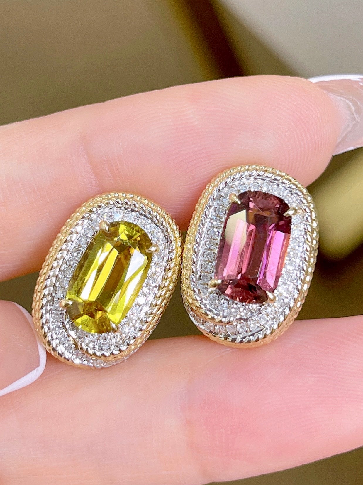 Luxury Yellow & Pink Tourmaline Stud Earring, Unique Art Deco Design, 18K Diamond Stud Earring, Bridal Earring, Anniversary Earring, Gift for Her