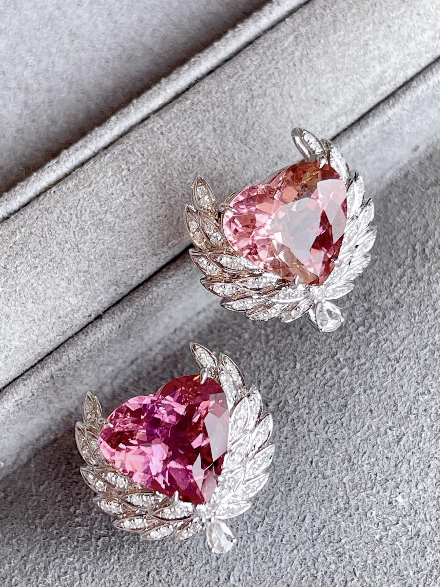 Luxury Pink Red Tourmaline Stud Earring, Unique Art Deco Design, 18K Diamond Stud Earring, Bridal Earring, Anniversary Earring, Gift for Her