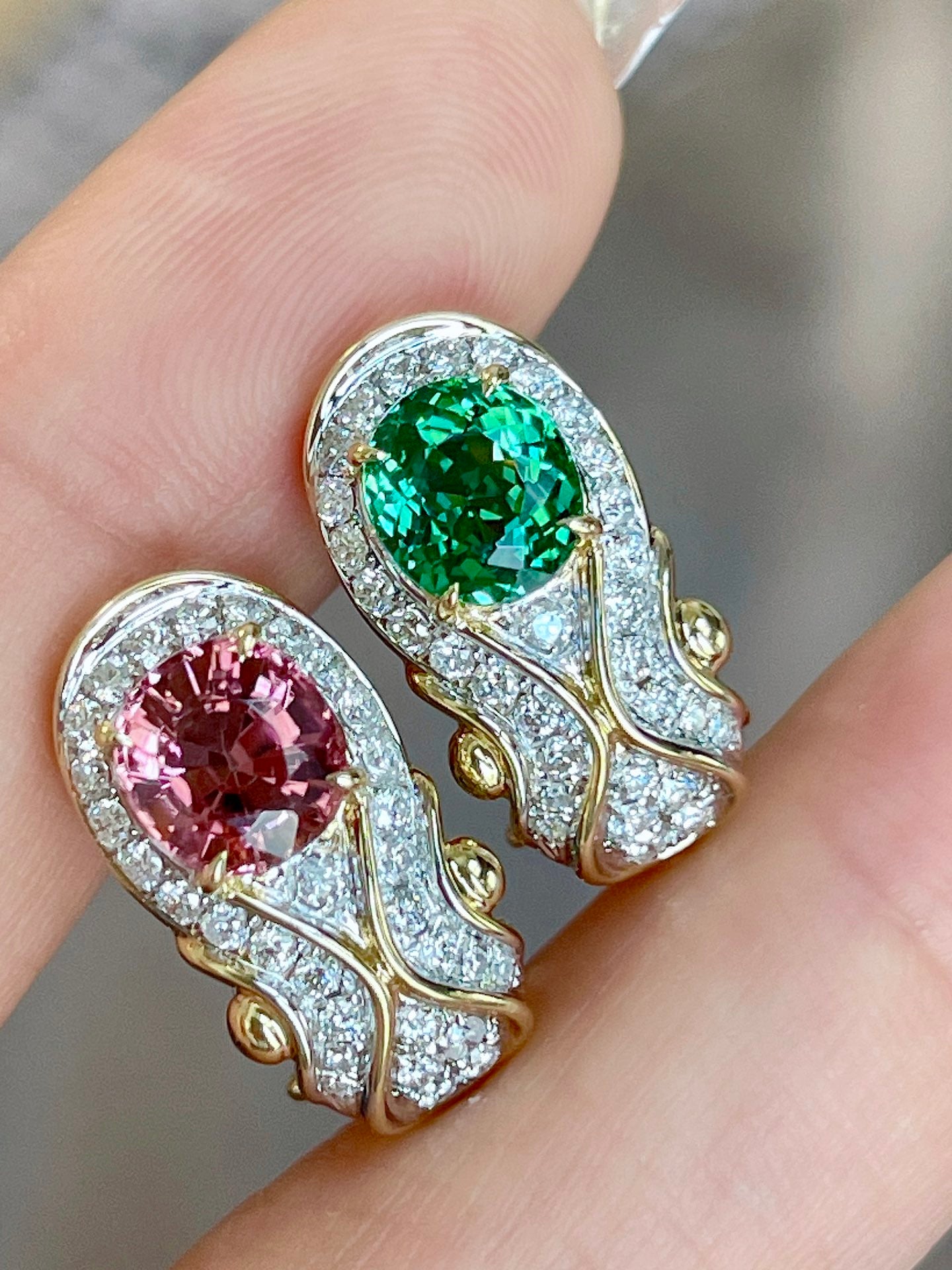 Luxury Green & Pink Tourmaline Stud Earring, Unique Art Deco Design, 18K Diamond Stud Earring, Bridal Earring, Anniversary Earring, Gift for Her