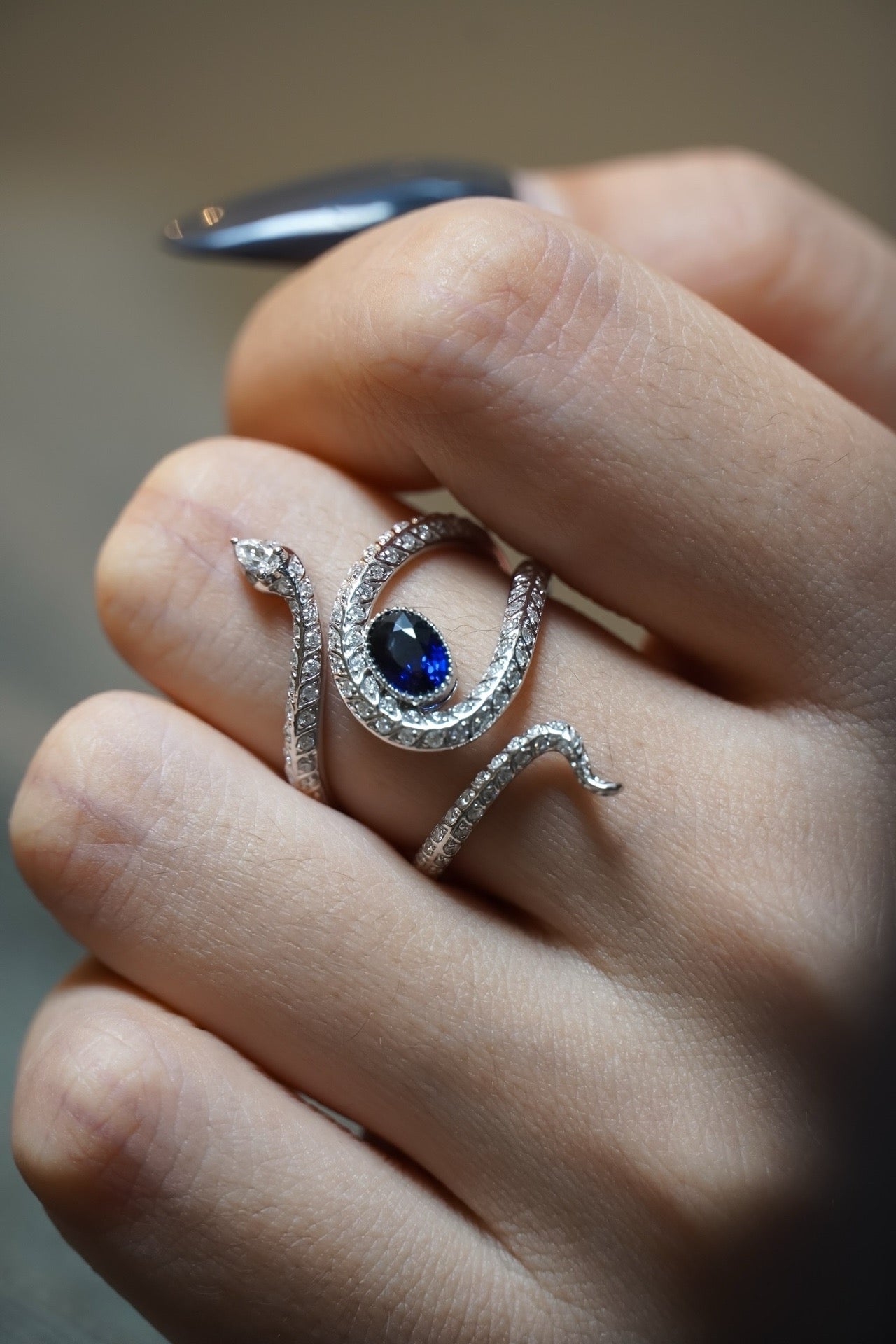 Natural Sapphire Statement Ring, Unique Snake Design, Bridal Ring, Anniversary Ring, Gift for Her