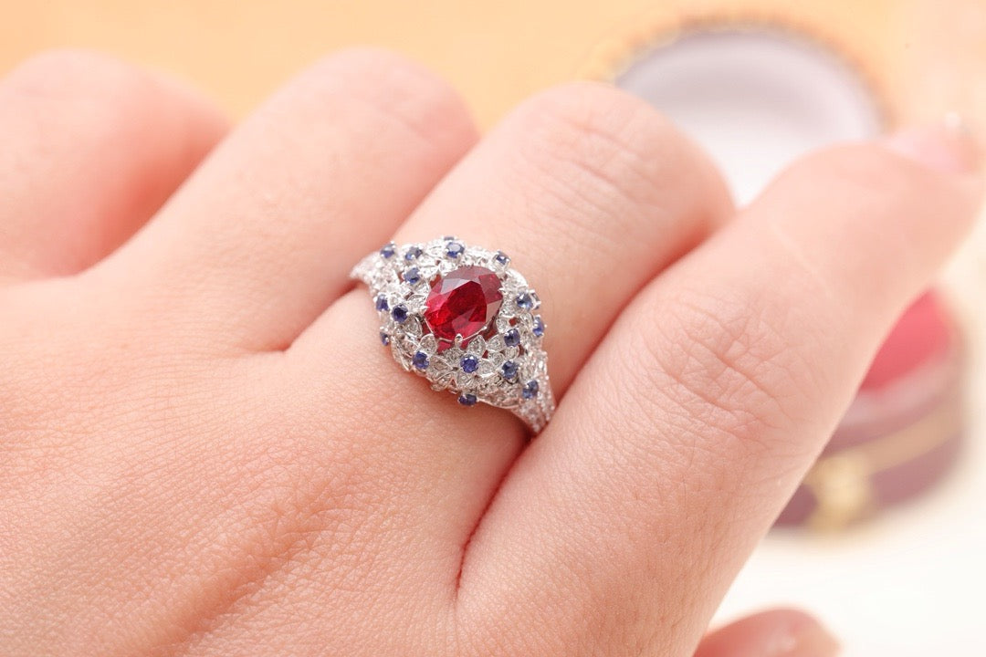 Luxury Natural Unheated Ruby Statement Ring with Diamonds and Sapphire, Unique Elegant Design, Bridal Wedding, Anniversary Ring, Gift for Her