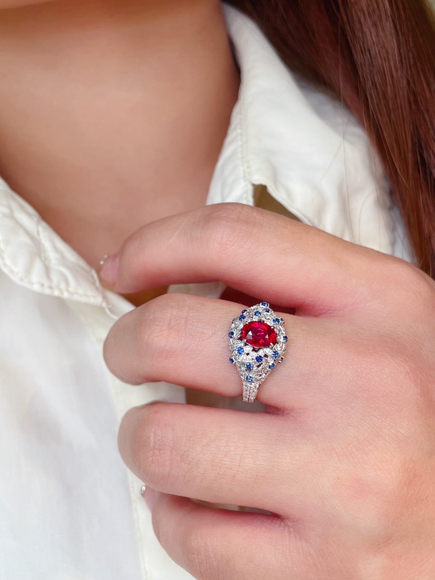 Luxury Natural Unheated Ruby Statement Ring with Diamonds and Sapphire, Unique Elegant Design, Bridal Wedding, Anniversary Ring, Gift for Her