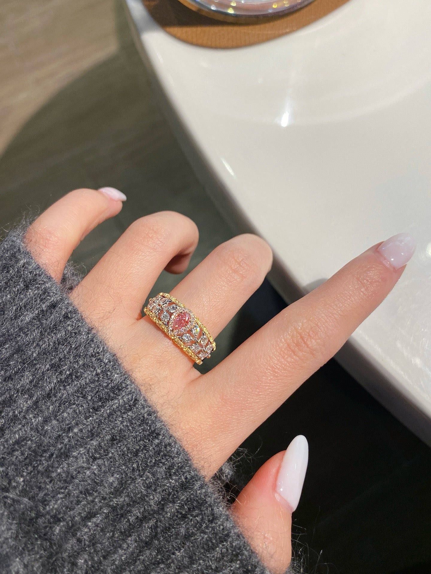 Natural Pink Diamond Statement Ring, Unique Design, Bridal Wedding, Anniversary Ring, Gift for Her