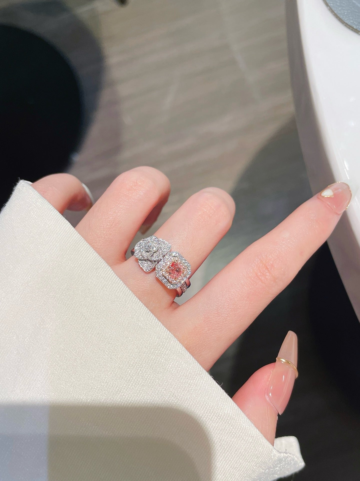 Natural Pink Diamond Statement Ring, Unique Floral Design, Bridal Wedding, Anniversary Ring, Gift for Her