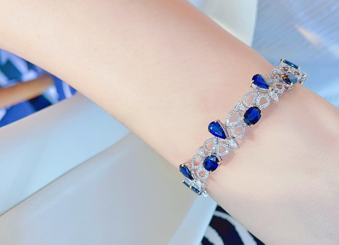Luxury Natural Sapphire Bracelet, Classic Design, 18K Natural Diamond Bracelet, Wedding Bracelet, Anniversary Bracelet, Gift for you