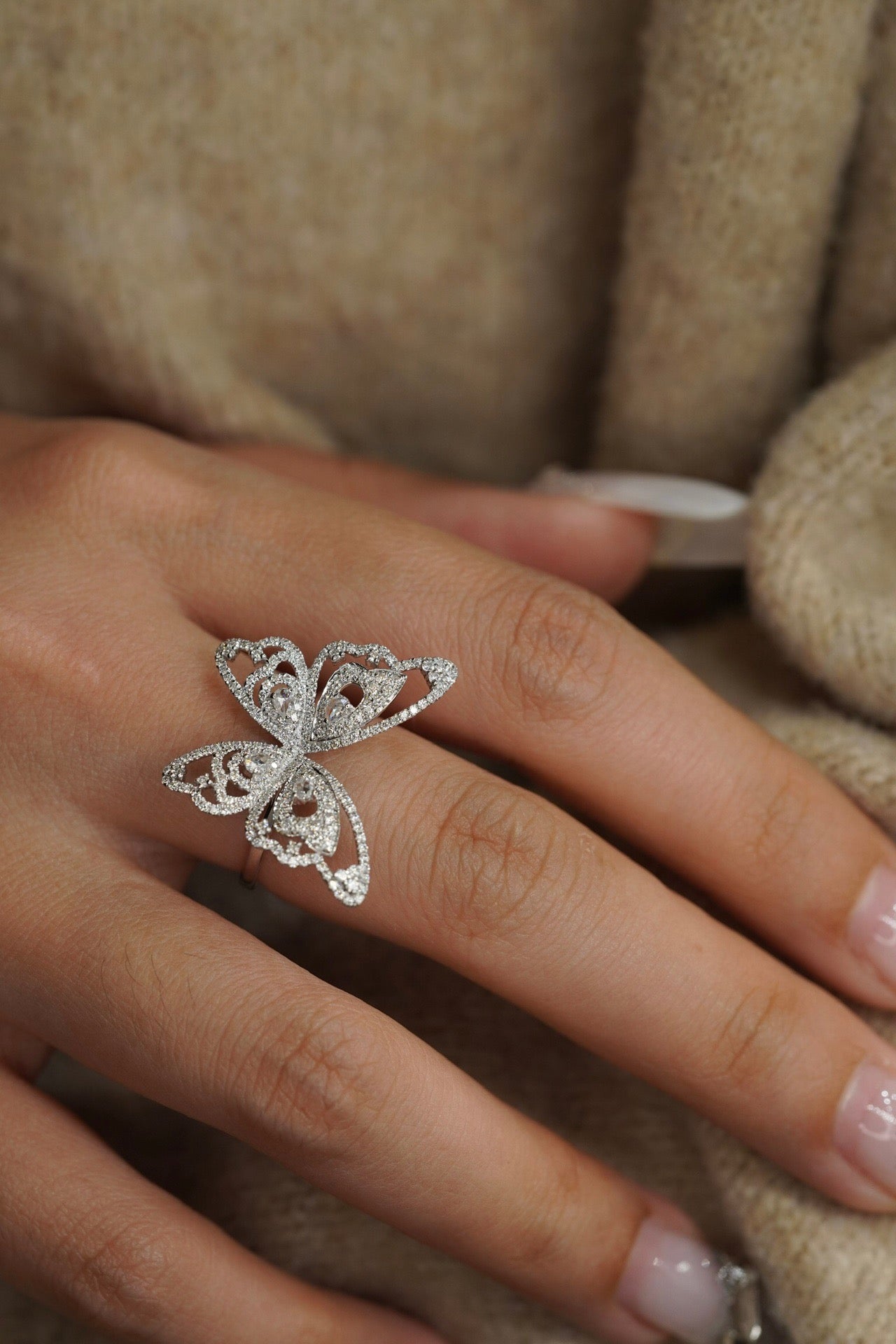 Natural Diamond Statement Ring, Unique Butterfly Design, Bridal Wedding, Anniversary Ring, Gift for Her