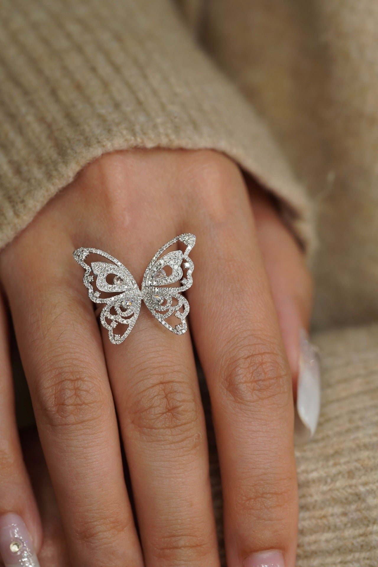 Natural Diamond Statement Ring, Unique Butterfly Design, Bridal Wedding, Anniversary Ring, Gift for Her