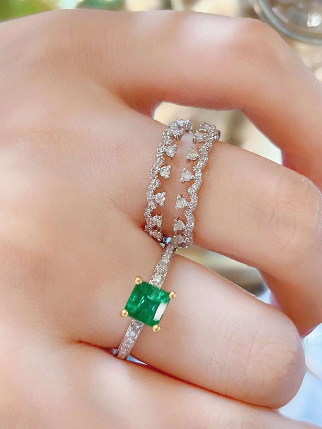 Natural Emerald Statement Ring with Diamonds, Unique Design, Bridal Ring, Anniversary Ring, Gift for Her