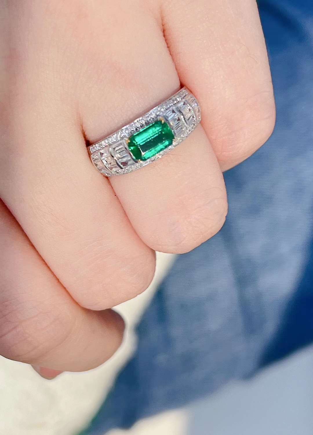 Natural Emerald Band Ring with Diamonds, Unique Design, Bridal Ring, Anniversary Ring, Gift for Her