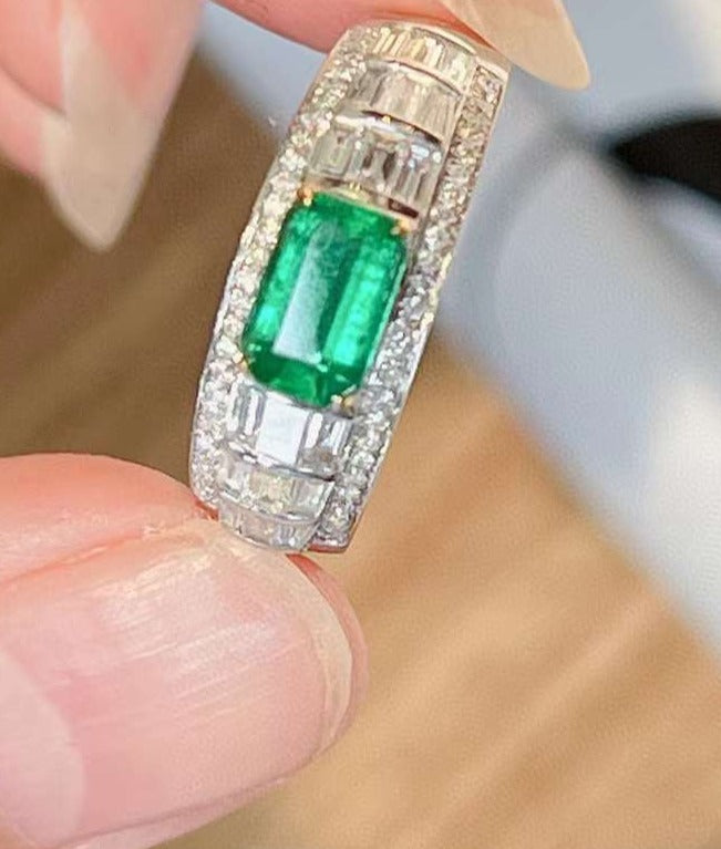 Natural Emerald Band Ring with Diamonds, Unique Design, Bridal Ring, Anniversary Ring, Gift for Her