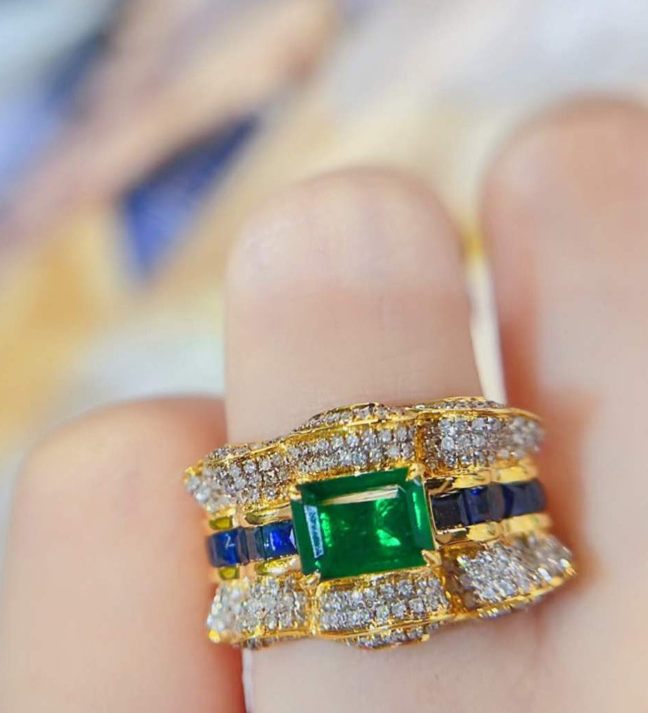 Luxury Natural Emerald Statement Ring with Diamonds, Art Deco Design, Bridal Ring, Anniversary Ring, Gift for Her