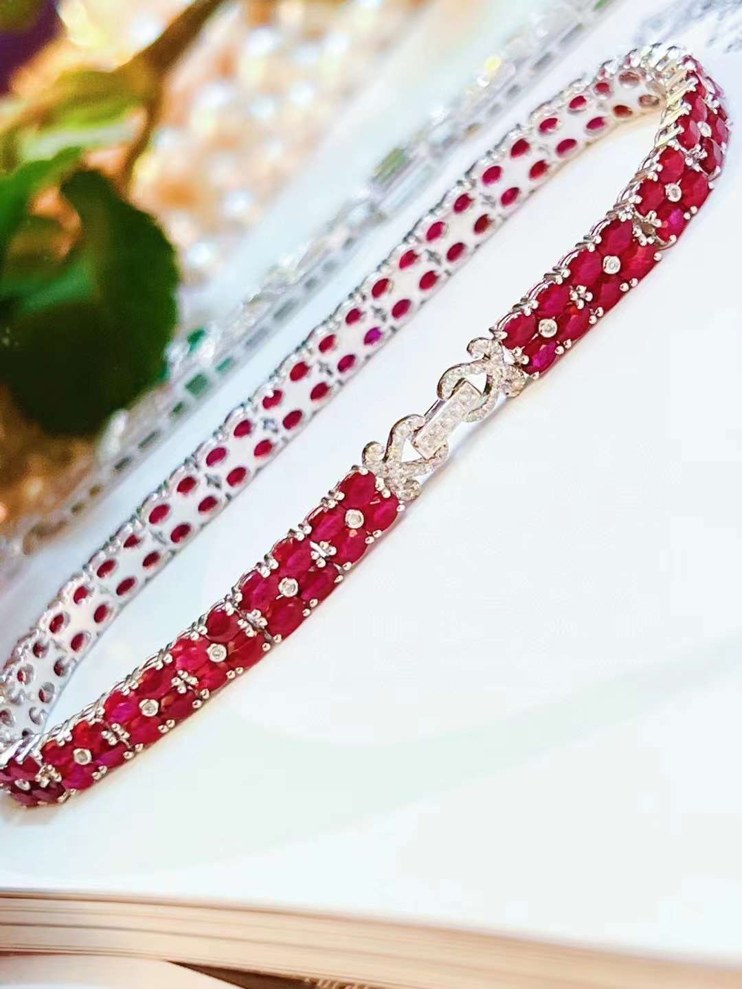 Luxury Natural Ruby Bracelet with Diamonds, Unique Art Deco Design, 18K Natural Diamond Bracelet, Wedding Bracelet, Anniversary Bracelet, Gift for you